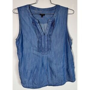 Talbots Sleeveless Chambray Blue Split Neck Ruffle Popover Top Women's